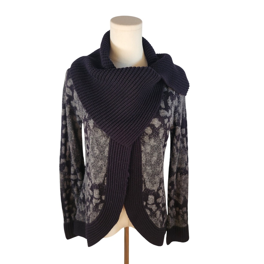 AVA Dark Gray Leopard Print Open Front Shawl Collar Cardigan XS